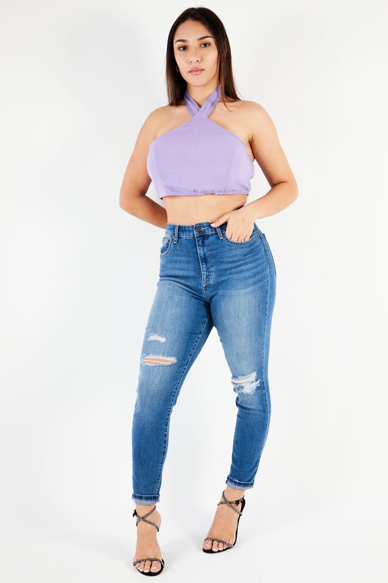 Missguided Women Halter Neck Sleevelss Plain Tube Top, Lavender - Image 3